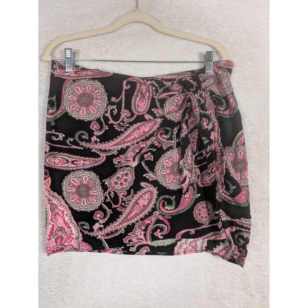 Lefties Skirt Women's L Black Pink Green Paisley Faux Wrap Mini Side Tie Boho